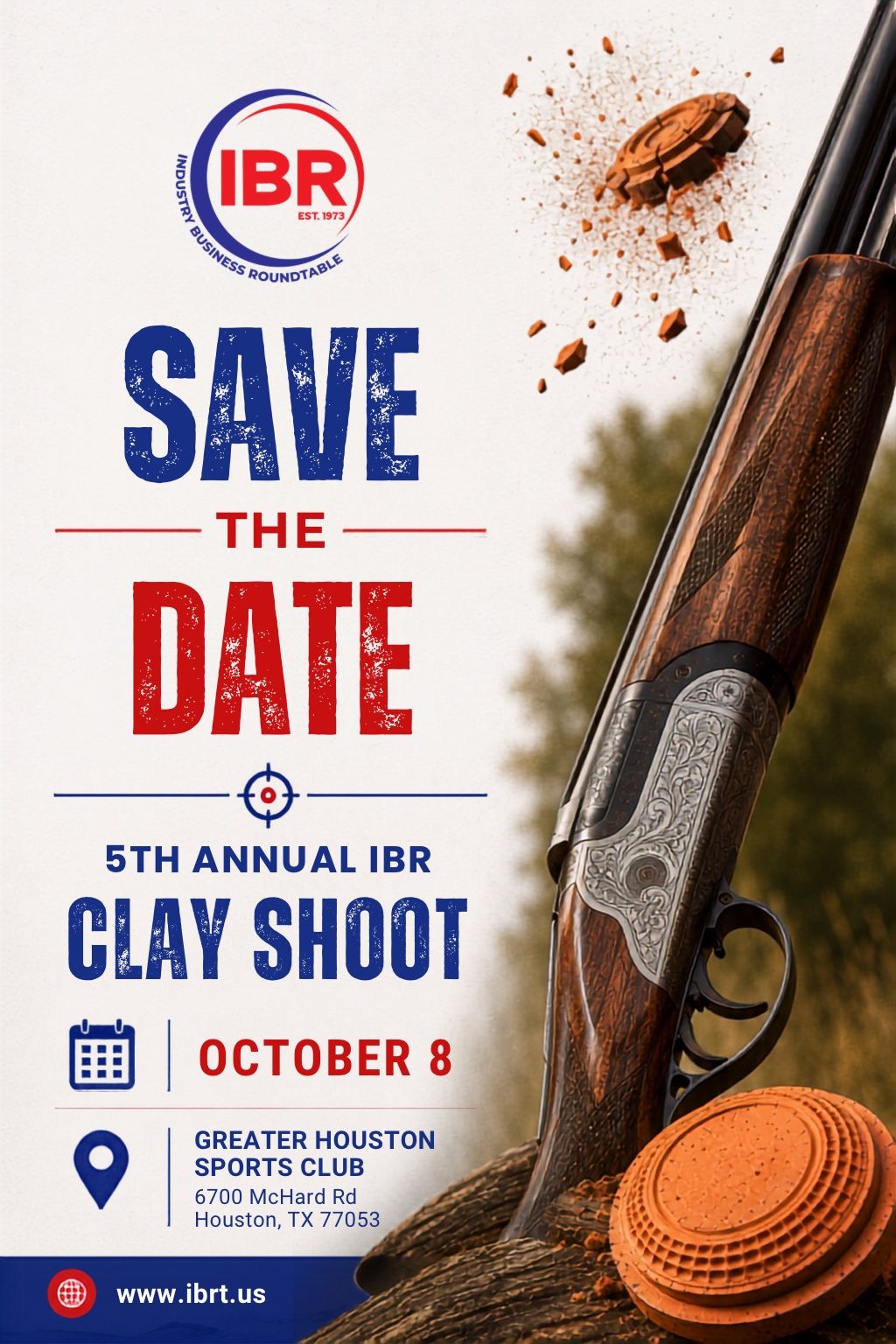 5th Annual IBR Clay Shoot save-the-date flyer featuring clay target shooting imagery, event details, and IBR branding.