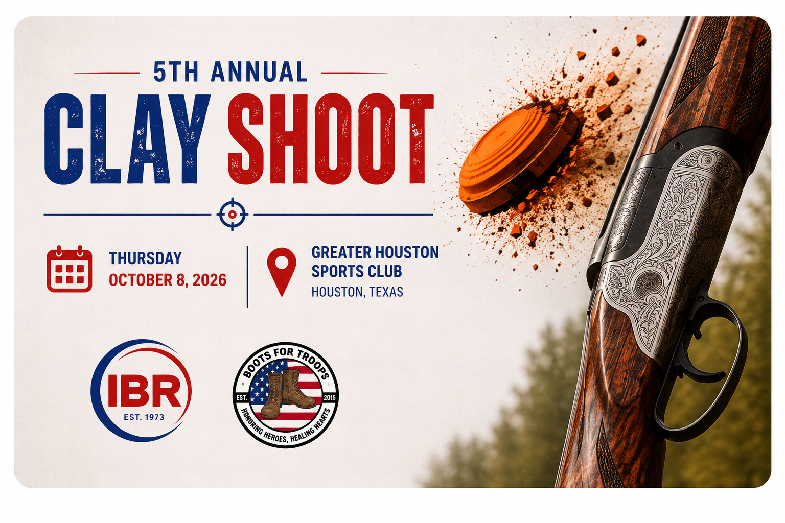 5th Annual IBR Clay Shoot save-the-date flyer featuring clay target shooting imagery, event details, and IBR branding.