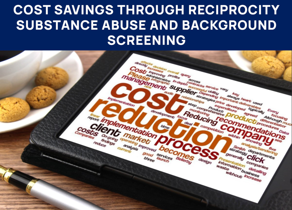 Text emphasizes cost savings by reducing redundancy in substance abuse testing and background screening. Minimalist design with abstract shapes.