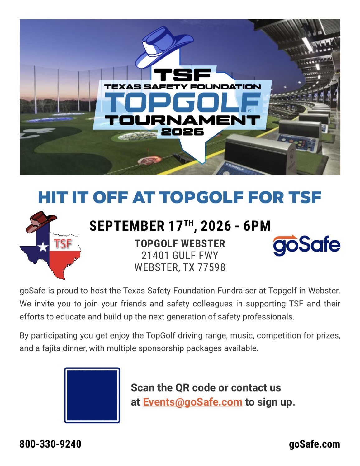 Topgolf fundraiser flyer for the Texas Safety Foundation, September 17, 2026 at 6 p.m. at Topgolf Webster, hosted by goSafe.
